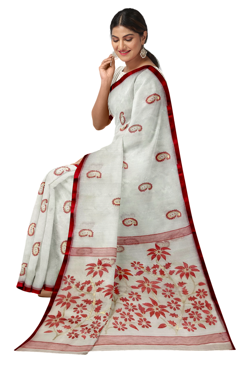 Balaram Saha's Handwoven Off-White & Red Muslin Silk Jamdani Saree (handloom saree, silk saree, handloom silk saree, balaram saha online, silk sarees, balaram saha handloom saree store photos, balaram saha handloom saree store, silk handloom saree, bengal handloom sarees, pure silk, muslin silk saree, muslin silk, silk saree online, jamdani saree, jamdani sarees, cotton jamdani saree, jamdani cotton saree, handloom cotton saree, balaram saha online, jamdani saree online,    https://www.clarin.com/