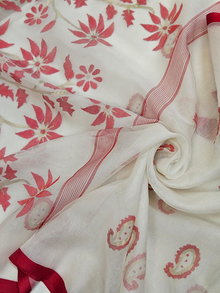 Balaram Saha's Handwoven Off-White & Red Muslin Silk Jamdani Saree (handloom saree, silk saree, handloom silk saree, balaram saha online, silk sarees, balaram saha handloom saree store photos, balaram saha handloom saree store, silk handloom saree, bengal handloom sarees, pure silk, muslin silk saree, muslin silk, silk saree online, jamdani saree, jamdani sarees, cotton jamdani saree, jamdani cotton saree, handloom cotton saree, balaram saha online, jamdani saree online, soft jamdani saree)
