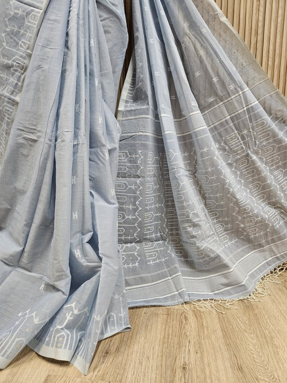 Balaram Saha’s Light Blue Handwoven Cotton Jamdani Saree -  (handloom saree, jamdani saree, jamdani sarees, cotton jamdani saree, jamdani cotton saree, handloom cotton saree, balaram saha online, jamdani saree online, soft jamdani saree, dhakai jamdani saree, dhakai jamdani saree, Jamdani Border Saree, handloom saree, balaram saha, balaram saha handloom saree store, balaram saha saree, balaram saha online, balaram saha saree online, balaram saha gariahat)
