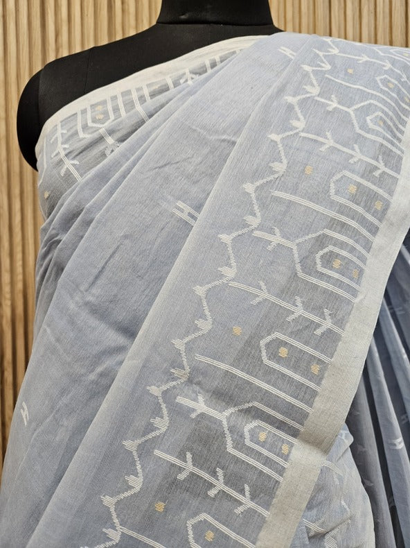 Balaram Saha’s Light Blue Handwoven Cotton Jamdani Saree -  (handloom saree, jamdani saree, jamdani sarees, cotton jamdani saree, jamdani cotton saree, handloom cotton saree, balaram saha online, jamdani saree online, soft jamdani saree, dhakai jamdani saree, dhakai jamdani saree, Jamdani Border Saree, handloom saree, balaram saha, balaram saha handloom saree store, balaram saha saree, balaram saha online, balaram saha saree online, balaram saha gariahat)
