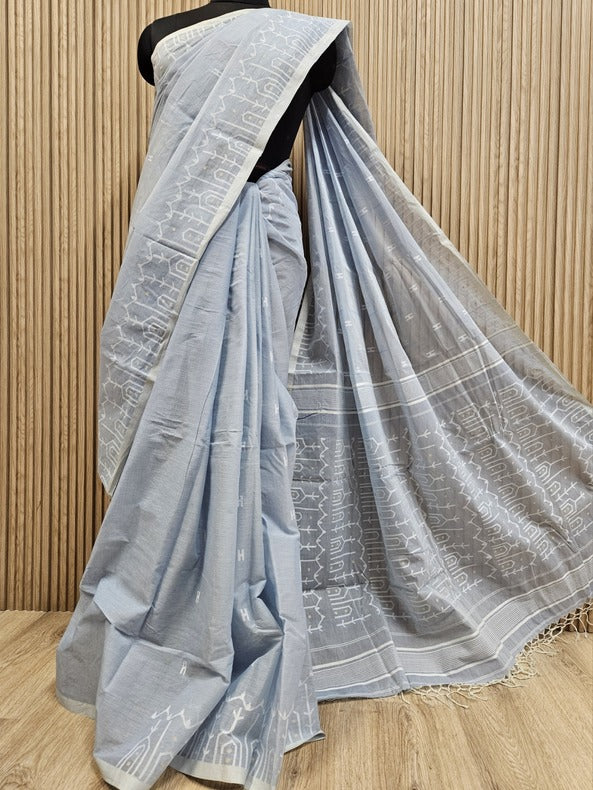 Balaram Saha’s Light Blue Handwoven Cotton Jamdani Saree -  (handloom saree, jamdani saree, jamdani sarees, cotton jamdani saree, jamdani cotton saree, handloom cotton saree, balaram saha online, jamdani saree online, soft jamdani saree, dhakai jamdani saree, dhakai jamdani saree, Jamdani Border Saree, handloom saree, balaram saha, balaram saha handloom saree store, balaram saha saree, balaram saha online, balaram saha saree online, balaram saha gariahat)
