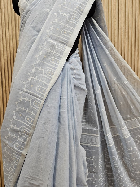 Balaram Saha’s Light Blue Handwoven Cotton Jamdani Saree -  (handloom saree, jamdani saree, jamdani sarees, cotton jamdani saree, jamdani cotton saree, handloom cotton saree, balaram saha online, jamdani saree online, soft jamdani saree, dhakai jamdani saree, dhakai jamdani saree, Jamdani Border Saree, handloom saree, balaram saha, balaram saha handloom saree store, balaram saha saree, balaram saha online, balaram saha saree online, balaram saha gariahat)
