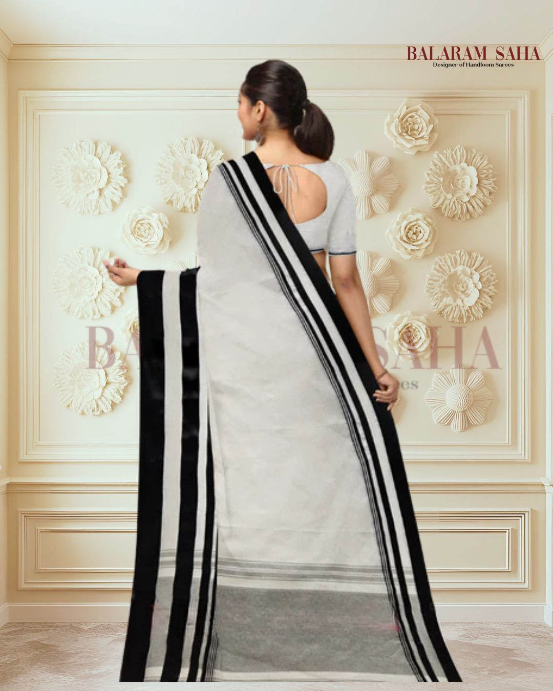 Balaram Saha's Off-White & Black Handloom Traditional Dhaonekali Cotton Saree - (handloom saree, cotton saree, handloom cotton saree, balaram saha online, handloom sarees, balaram saha handloom saree store photos, balaram saha handloom saree store, cotton handloom saree, bengal handloom sarees, pure cotton, cotton saree for women, cotton saree online, dhaonekali Cotton Saree, dhaonekali Cotton)
