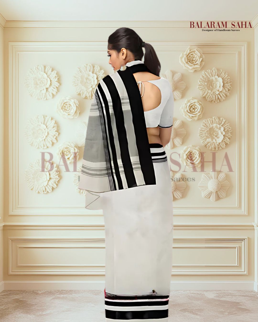 Balaram Saha's Off-White & Black Handloom Traditional Dhaonekali Cotton Saree - (handloom saree, cotton saree, handloom cotton saree, balaram saha online, handloom sarees, balaram saha handloom saree store photos, balaram saha handloom saree store, cotton handloom saree, bengal handloom sarees, pure cotton, cotton saree for women, cotton saree online, dhaonekali Cotton Saree, dhaonekali Cotton)
