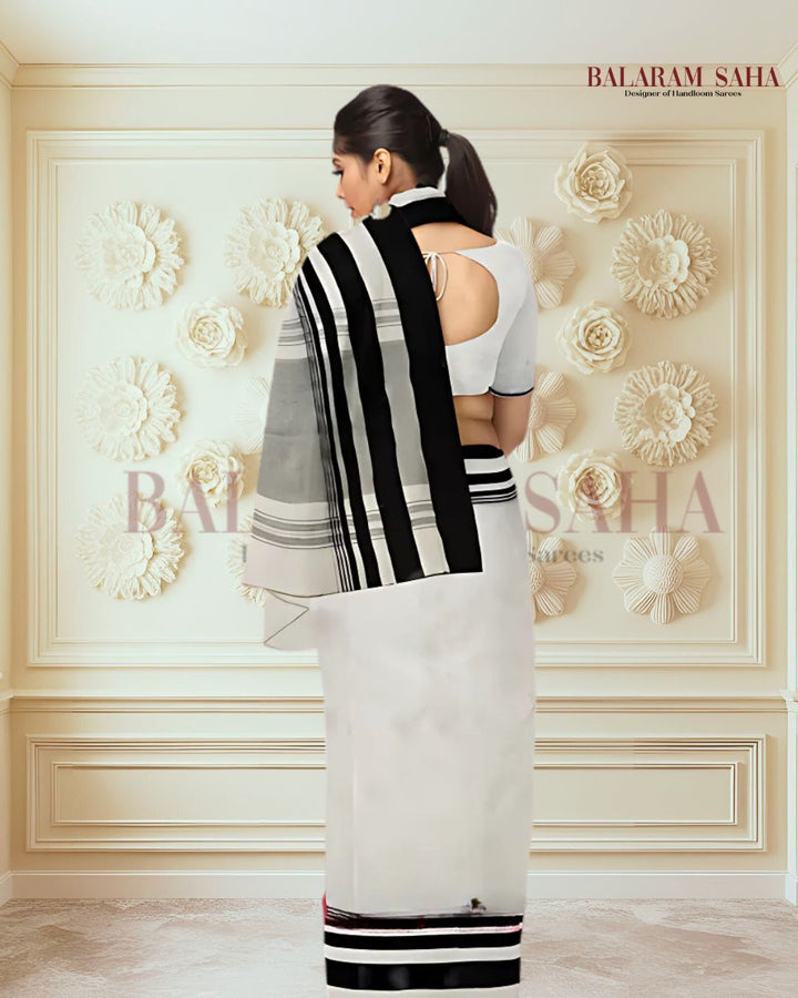 Balaram Saha's Off-White & Black Handloom Traditional Dhaonekali Cotton Saree - (handloom saree, cotton saree, handloom cotton saree, balaram saha online, handloom sarees, balaram saha handloom saree store photos, balaram saha handloom saree store, cotton handloom saree, bengal handloom sarees, pure cotton, cotton saree for women, cotton saree online, dhaonekali Cotton Saree, dhaonekali Cotton)
