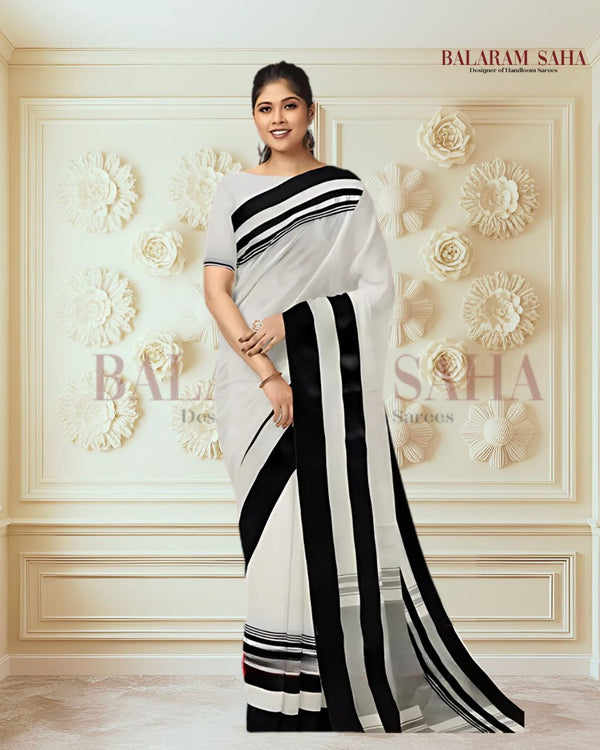 Balaram Saha's Off-White & Black Handloom Traditional Dhaonekali Cotton Saree - (handloom saree, cotton saree, handloom cotton saree, balaram saha online, handloom sarees, balaram saha handloom saree store photos, balaram saha handloom saree store, cotton handloom saree, bengal handloom sarees, pure cotton, cotton saree for women, cotton saree online, dhaonekali Cotton Saree, dhaonekali Cotton)
