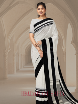 Balaram Saha's Off-White & Black Handloom Traditional Dhaonekali Cotton Saree - (handloom saree, cotton saree, handloom cotton saree, balaram saha online, handloom sarees, balaram saha handloom saree store photos, balaram saha handloom saree store, cotton handloom saree, bengal handloom sarees, pure cotton, cotton saree for women, cotton saree online, dhaonekali Cotton Saree, dhaonekali Cotton)
