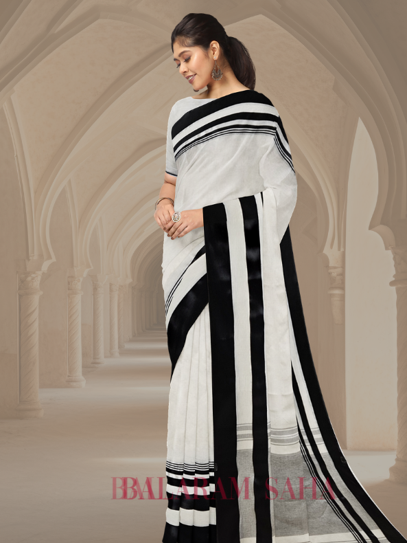 Balaram Saha's Off-White & Black Handloom Traditional Dhaonekali Cotton Saree - (handloom saree, cotton saree, handloom cotton saree, balaram saha online, handloom sarees, balaram saha handloom saree store photos, balaram saha handloom saree store, cotton handloom saree, bengal handloom sarees, pure cotton, cotton saree for women, cotton saree online, dhaonekali Cotton Saree, dhaonekali Cotton)
