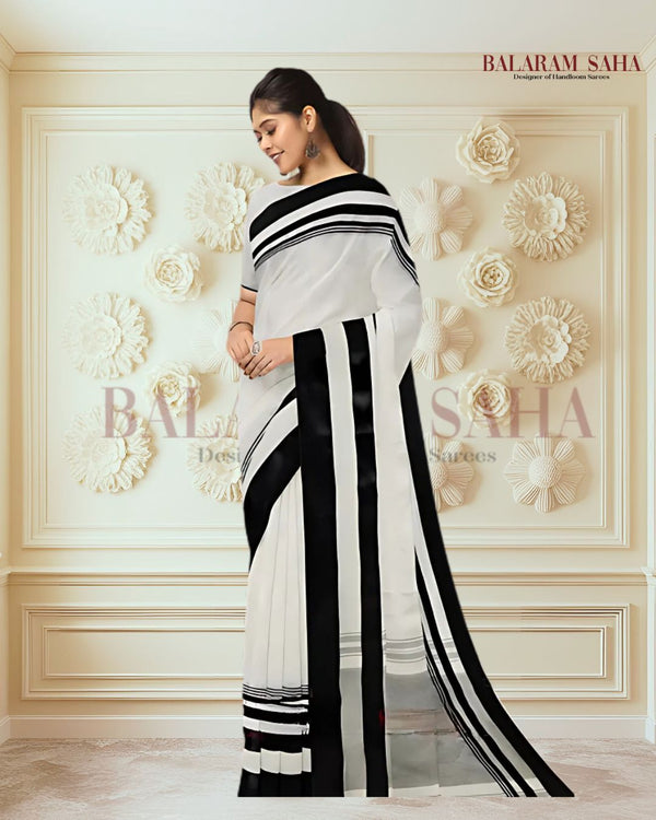 Balaram Saha's Off-White & Black Handloom Traditional Dhaonekali Cotton Saree - (handloom saree, cotton saree, handloom cotton saree, balaram saha online, handloom sarees, balaram saha handloom saree store photos, balaram saha handloom saree store, cotton handloom saree, bengal handloom sarees, pure cotton, cotton saree for women, cotton saree online, dhaonekali Cotton Saree, dhaonekali Cotton)
