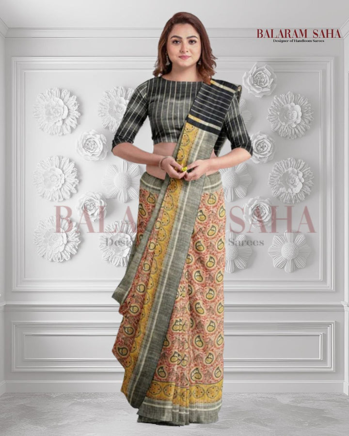 Balaram Saha’s Signature: Black & Mustard Handloom Ghichha Tussar Printed Silk Saree - (handloom saree, silk saree, handloom silk saree, balaram saha online, silk sarees, silk handloom saree, bengal handloom sarees, pure silk, silk saree online, tussar silk saree, tussar silk, bengali silk saree)

