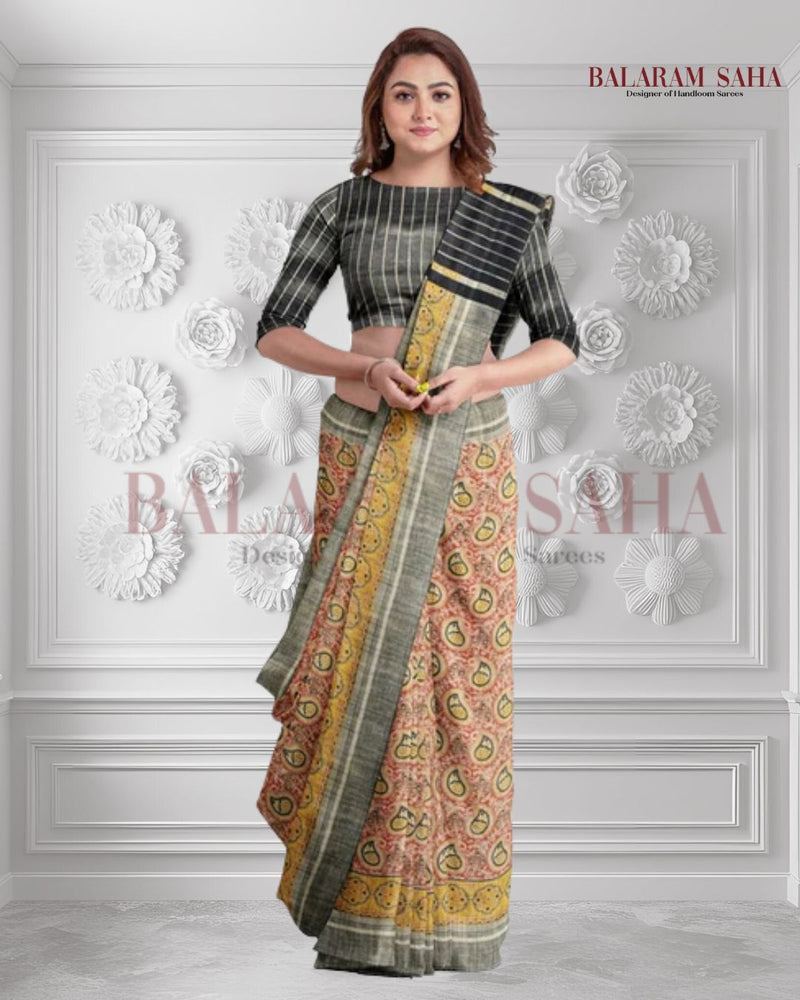 Balaram Saha’s Signature: Black & Mustard Handloom Ghichha Tussar Printed Silk Saree - (handloom saree, silk saree, handloom silk saree, balaram saha online, silk sarees, silk handloom saree, bengal handloom sarees, pure silk, silk saree online, tussar silk saree, tussar silk, bengali silk saree)
