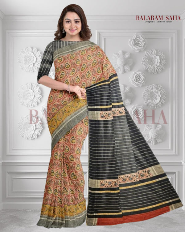 Balaram Saha’s Signature: Black & Mustard Handloom Ghichha Tussar Printed Silk Saree - (handloom saree, silk saree, handloom silk saree, balaram saha online, silk sarees, silk handloom saree, bengal handloom sarees, pure silk, silk saree online, tussar silk saree, tussar silk, bengali silk saree)
