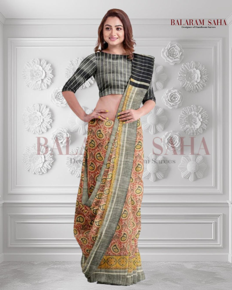 Balaram Saha’s Signature: Black & Mustard Handloom Ghichha Tussar Printed Silk Saree - (handloom saree, silk saree, handloom silk saree, balaram saha online, silk sarees, silk handloom saree, bengal handloom sarees, pure silk, silk saree online, tussar silk saree, tussar silk, bengali silk saree)
