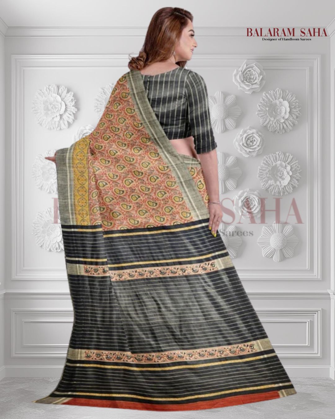 Balaram Saha’s Signature: Black & Mustard Handloom Ghichha Tussar Printed Silk Saree - (handloom saree, silk saree, handloom silk saree, balaram saha online, silk sarees, silk handloom saree, bengal handloom sarees, pure silk, silk saree online, tussar silk saree, tussar silk, bengali silk saree)
