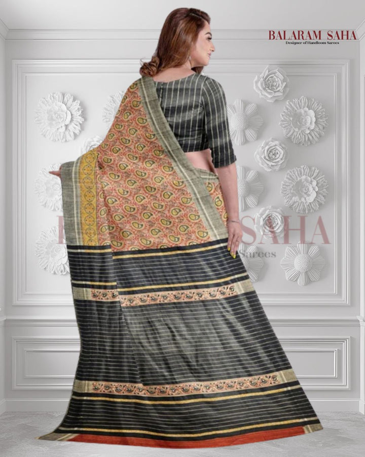 Balaram Saha’s Signature: Black & Mustard Handloom Ghichha Tussar Printed Silk Saree - (handloom saree, silk saree, handloom silk saree, balaram saha online, silk sarees, silk handloom saree, bengal handloom sarees, pure silk, silk saree online, tussar silk saree, tussar silk, bengali silk saree)
