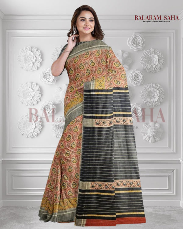 Balaram Saha’s Signature: Black & Mustard Handloom Ghichha Tussar Printed Silk Saree - (handloom saree, silk saree, handloom silk saree, balaram saha online, silk sarees, silk handloom saree, bengal handloom sarees, pure silk, silk saree online, tussar silk saree, tussar silk, bengali silk saree)
