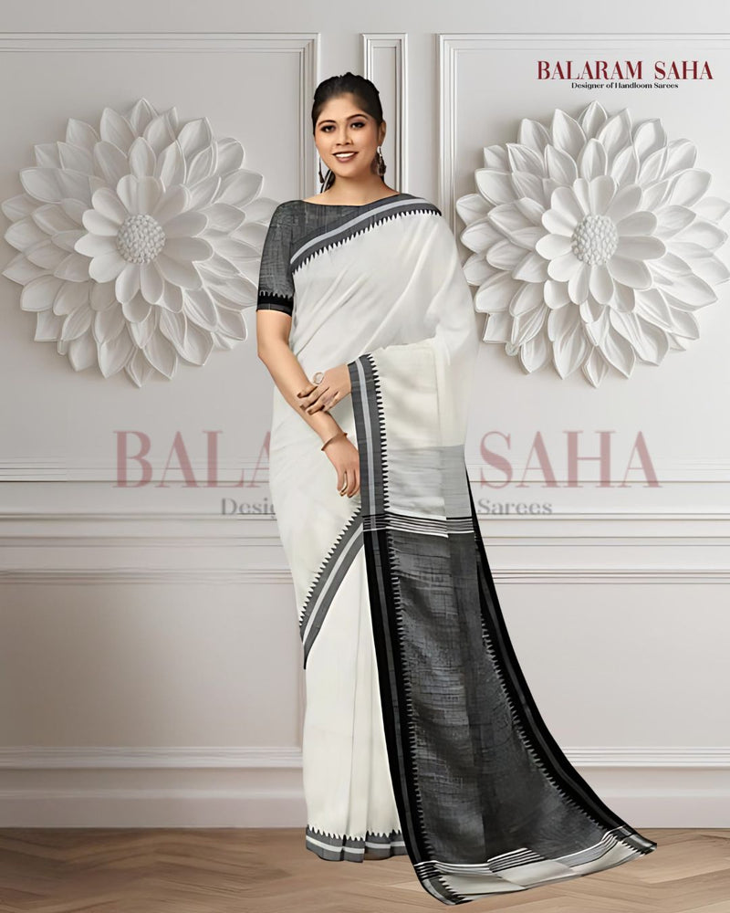 Balaram Saha’s Signature: Off-White Soft Cotton Saree with Woven Border -  (cotton saree, handloom cotton saree, balaram saha online, handloom sarees, balaram saha handloom saree store photos, balaram saha handloom saree store, cotton handloom saree, pure cotton, cotton saree for women, cotton saree online)