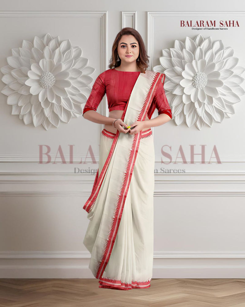 Balaram Saha’s Signature: Off-White Soft Cotton Saree with Woven Border -  (cotton saree, handloom cotton saree, balaram saha online, handloom sarees, balaram saha handloom saree store photos, balaram saha handloom saree store, cotton handloom saree, pure cotton, cotton saree for women, cotton saree online)