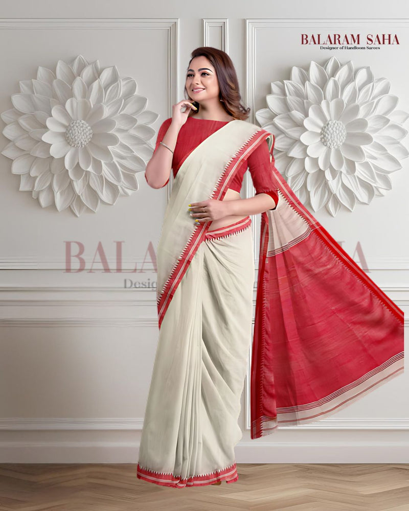 Balaram Saha’s Signature: Off-White Soft Cotton Saree with Woven Border -  (cotton saree, handloom cotton saree, balaram saha online, handloom sarees, balaram saha handloom saree store photos, balaram saha handloom saree store, cotton handloom saree, pure cotton, cotton saree for women, cotton saree online)