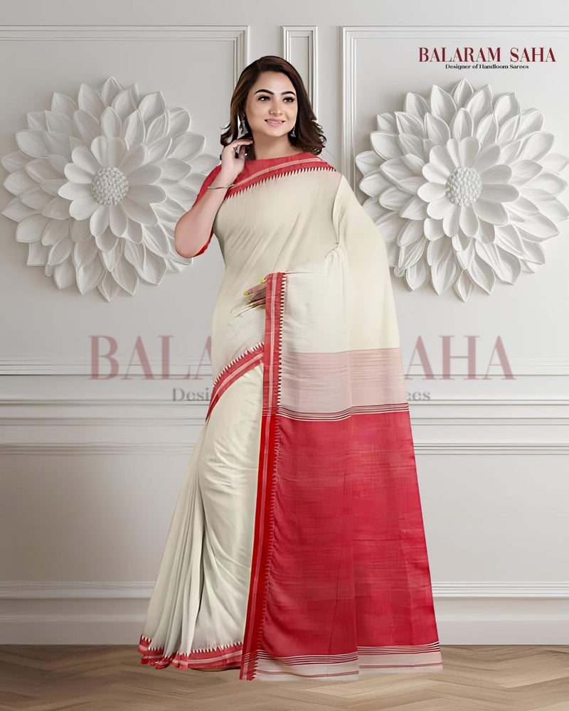 Balaram Saha’s Signature: Off-White Soft Cotton Saree with Woven Border -  (cotton saree, handloom cotton saree, balaram saha online, handloom sarees, balaram saha handloom saree store photos, balaram saha handloom saree store, cotton handloom saree, pure cotton, cotton saree for women, cotton saree online)