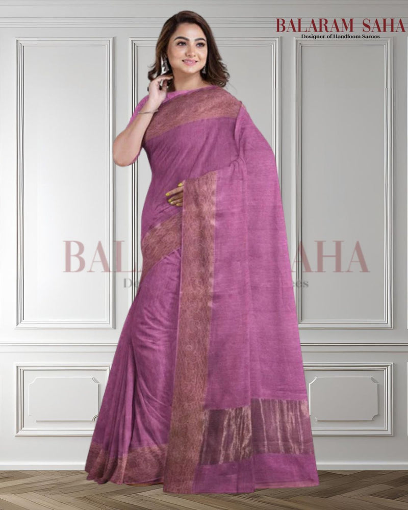 Soft Handloom Silk Saree With Woven Zari Border by Balaram Saha - (handloom saree, Zari border, silk saree, handloom silk saree, balaram saha online, silk sarees, silk handloom saree, bengal handloom sarees, pure silk, silk saree online, bengali silk saree)  https://dan.com/