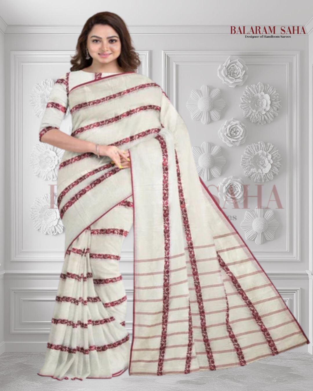 Balaram Saha's White & Red Cotton Saree - cotton sarees, balaram saha online, latest handloom cotton sarees, cotton handloom saree, kolkata cotton saree, pure cotton, white cotton saree,cotton saree collection, bangladeshi cotton saree, saree cotton saree, bengal cotton sarees in Kolkata, bengali cotton saree, cotton saree with border, cotton saree online

