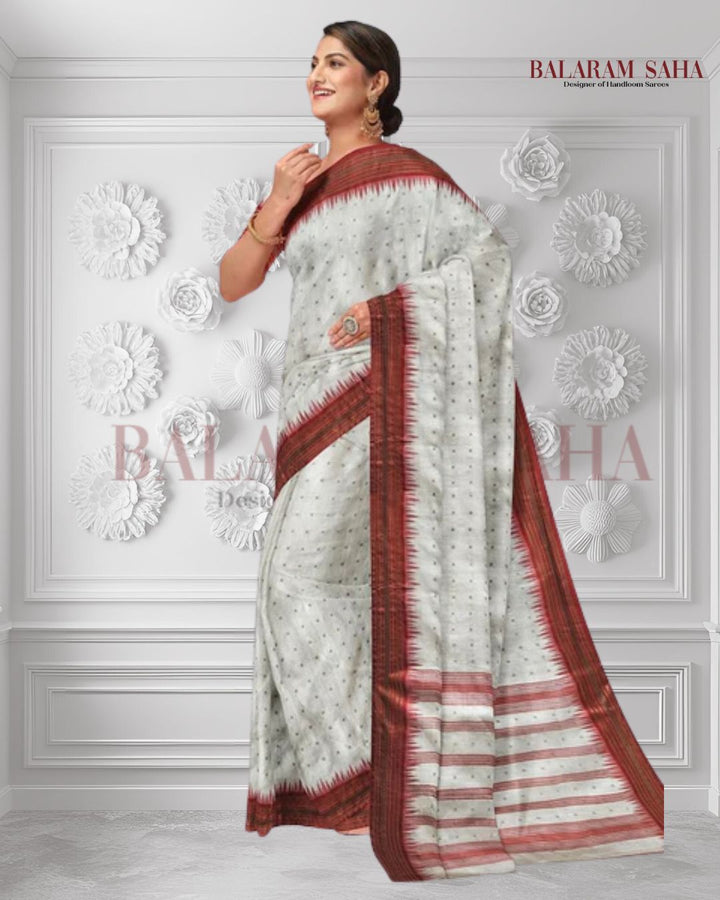 Balaram Saha's White & Red Handloom Muslin Silk Saree -  (balaram saha, balaram saha handloom saree store, balaram saha saree, balaram saha online, balaram saha saree online, balaram saha gariahat, Muslin Saree, Muslin Silk, Silk Sarees, Muslin Silk Saree, Muslin Silk Sarees, Handloom Saree)
