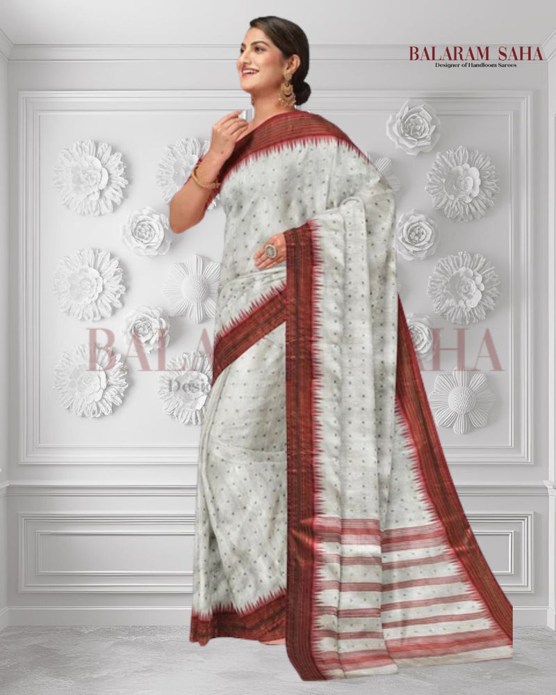 Balaram Saha's White & Red Handloom Muslin Silk Saree -  (balaram saha, balaram saha handloom saree store, balaram saha saree, balaram saha online, balaram saha saree online, balaram saha gariahat, Muslin Saree, Muslin Silk, Silk Sarees, Muslin Silk Saree, Muslin Silk Sarees, Handloom Saree)
