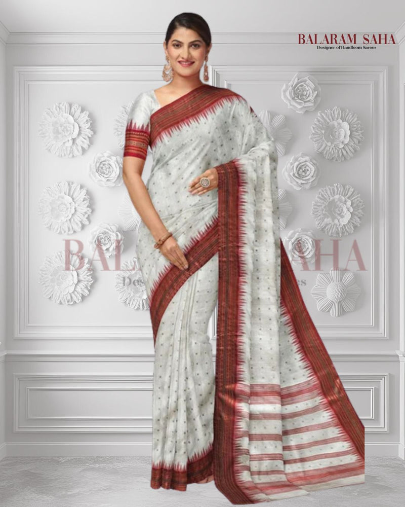 Balaram Saha's White & Red Handloom Muslin Silk Saree -  (balaram saha, balaram saha handloom saree store, balaram saha saree, balaram saha online, balaram saha saree online, balaram saha gariahat, Muslin Saree, Muslin Silk, Silk Sarees, Muslin Silk Saree, Muslin Silk Sarees, Handloom Saree)
