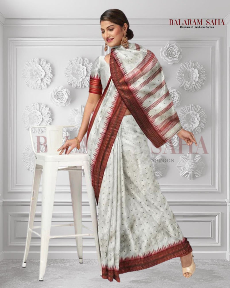 Balaram Saha's White & Red Handloom Muslin Silk Saree -  (balaram saha, balaram saha handloom saree store, balaram saha saree, balaram saha online, balaram saha saree online, balaram saha gariahat, Muslin Saree, Muslin Silk, Silk Sarees, Muslin Silk Saree, Muslin Silk Sarees, Handloom Saree)
