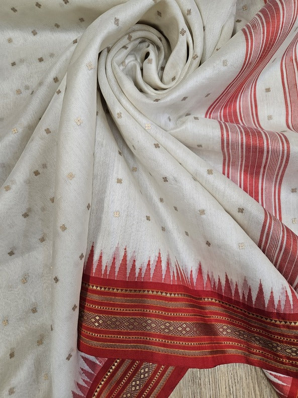 Balaram Saha's White & Red Handloom Muslin Silk Saree -  (balaram saha, balaram saha handloom saree store, balaram saha saree, balaram saha online, balaram saha saree online, balaram saha gariahat, Muslin Saree, Muslin Silk, Silk Sarees, Muslin Silk Saree, Muslin Silk Sarees, Handloom Saree)
