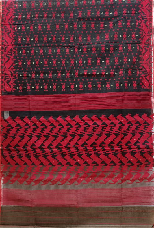 (Bangladesh Dhakai) Black & Red Handwoven Cotton jamdani Saree