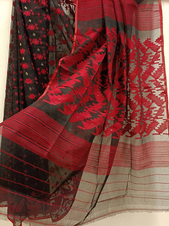 (Bangladesh Dhakai) Black & Red Handwoven Cotton jamdani Saree Balaram Saha