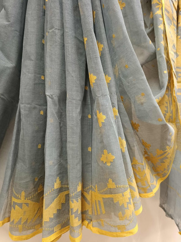 (Bangladesh Dhakai) Grey & Yellow Handwoven Cotton Jamdani saree Balaram Saha
