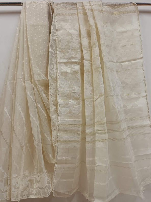 (Bangladesh Dhakai) White On White & Gold Handwoven Cotton Jamdani Saree Balaram Saha