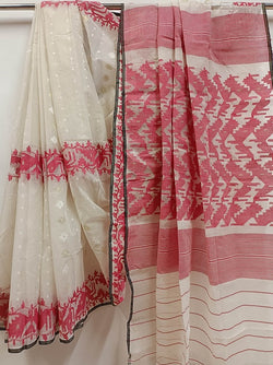 Balaram Saha's Bangladesh Dhakai White and Red traditional handwoven Soft Jamdani Saree Balaram Saha (handloom saree, jamdani saree, jamdani sarees, cotton jamdani saree, jamdani cotton saree, handloom cotton saree, balaram saha online, jamdani saree online, soft jamdani saree, dhakai jamdani saree, dhakai jamdani saree)