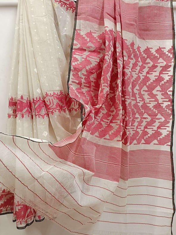 Balaram Saha's Bangladesh Dhakai White and Red traditional handwoven Soft Jamdani Saree Balaram Saha (handloom saree, jamdani saree, jamdani sarees, cotton jamdani saree, jamdani cotton saree, handloom cotton saree, balaram saha online, jamdani saree online, soft jamdani saree, dhakai jamdani saree, dhakai jamdani saree)