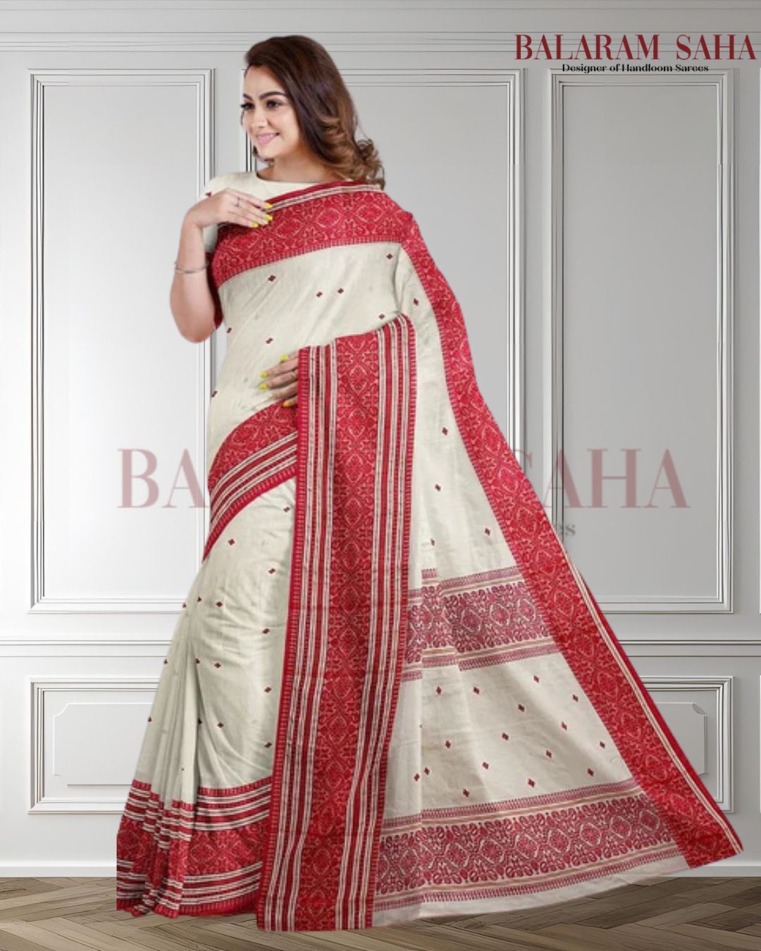 Bangladesh Dhakai White & Gold Handwoven Cotton Jamdani Saree by Balaram Saha - handloom saree, jamdani saree, jamdani sarees, cotton jamdani saree, jamdani cotton saree, handloom cotton saree, balaram saha online, jamdani saree online, soft jamdani saree, dhakai jamdani saree, dhakai jamdani saree, Jamdani Border Saree, handloom saree
