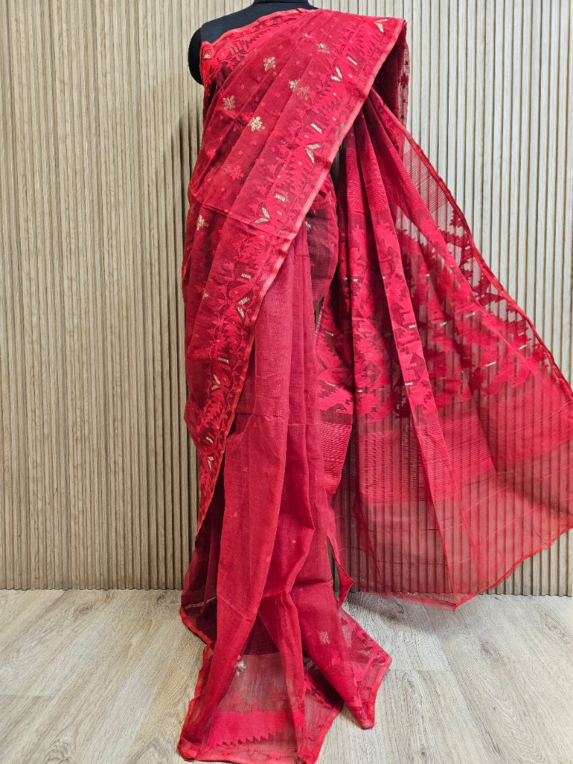 Balaram Saha: Contemporary Classic: Red and Orange Bangladesh Silk Jamdani Saree Balaram Saha