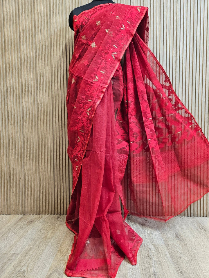 Balaram Saha: Contemporary Classic: Red and Orange Bangladesh Silk Jamdani Saree Balaram Saha