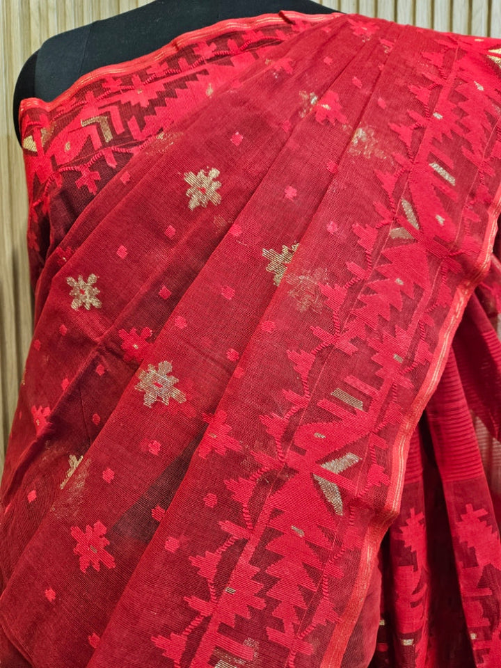 Balaram Saha: Contemporary Classic: Red and Orange Bangladesh Silk Jamdani Saree Balaram Saha