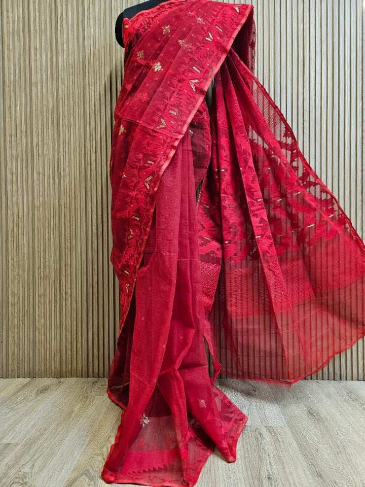 Balaram Saha: Contemporary Classic: Red and Orange Bangladesh Silk Jamdani Saree Balaram Saha