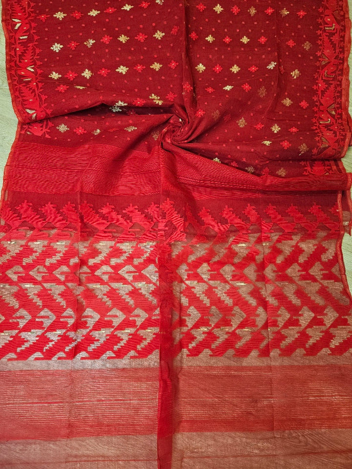 Balaram Saha: Contemporary Classic: Red and Orange Bangladesh Silk Jamdani Saree Balaram Saha
