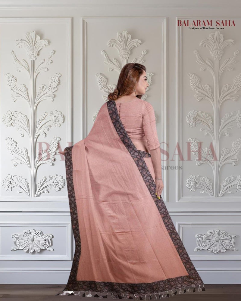 Beige & Black Handloom Mul Cotton Saree With Aplik Printed Border Balaram Saha