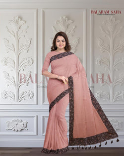 Beige & Black Handloom Mul Cotton Saree With Aplik Printed Border Balaram Saha