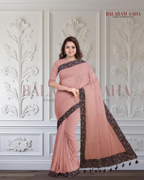 Beige & Black Handloom Mul Cotton Saree With Aplik Printed Border Balaram Saha