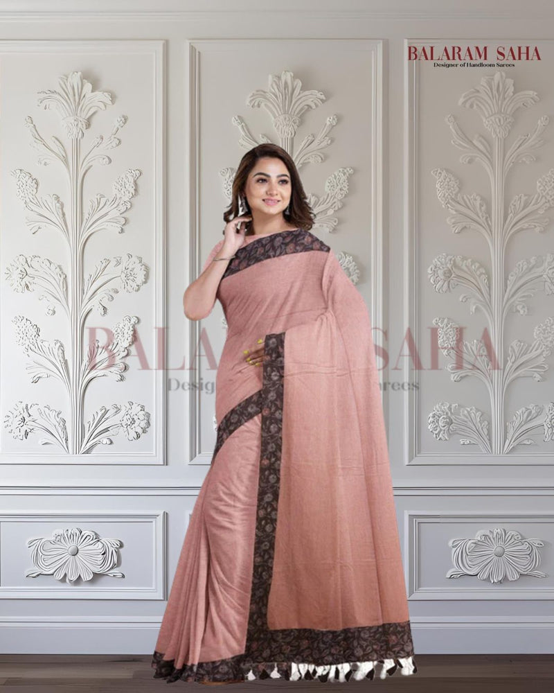 Beige & Black Handloom Mul Cotton Saree With Aplik Printed Border Balaram Saha