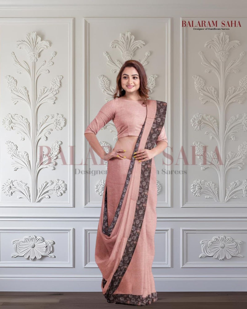 Beige & Black Handloom Mul Cotton Saree With Aplik Printed Border Balaram Saha