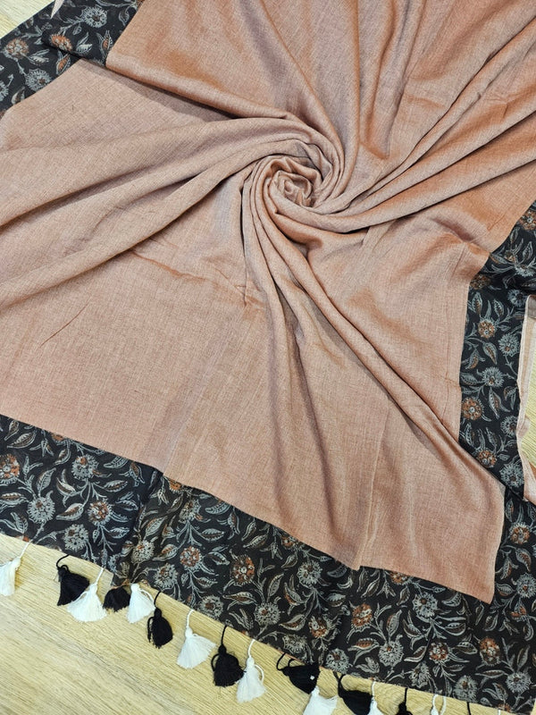 Beige & Black Handloom Mul Cotton Saree With Aplik Printed Border Balaram Saha