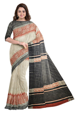 Beige & Black Handloom Ghich Tussar Printed Silk Saree by Balaram Saha - (handloom saree, silk saree, handloom silk saree, balaram saha online, silk sarees, silk handloom saree, bengal handloom sarees, pure silk, silk saree online, tussar silk saree, tussar silk, bengali silk saree)  https://www.sfgate.com/
